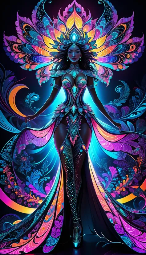 Black light art，(Masterpiece artwork, maximum quality, Best quality at best, offcial art, beautiful and gorgeous:1.2), (1 piece of giant:1.3), The is very detailed,(Fractal Art:1.2),colorfully, (Traditional costumes:1.2), the most detailed,( Zentangle neon...