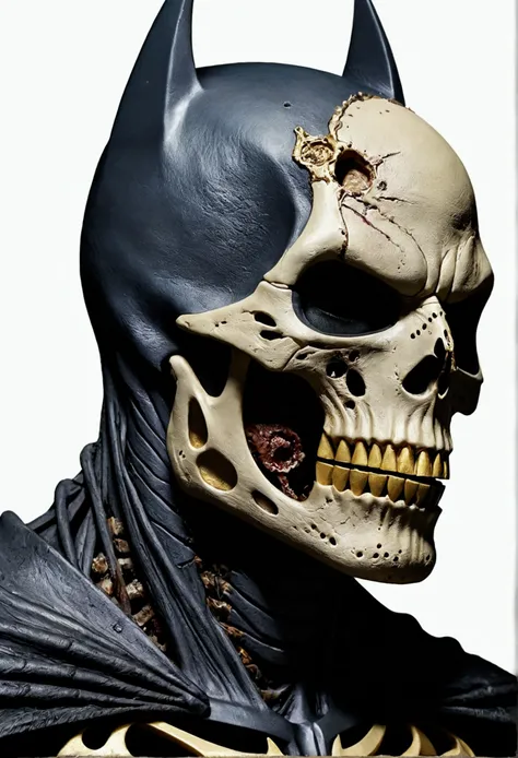 Zombified skeleton batman whose faces right side is skeleton and left is human wearing batmans mask  portrait 