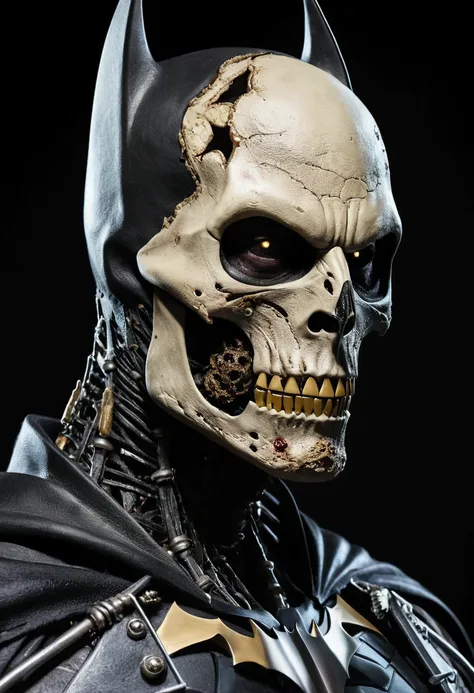 Zombified skeleton batman whose faces right side is skeleton and left is human wearing batmans mask  portrait 