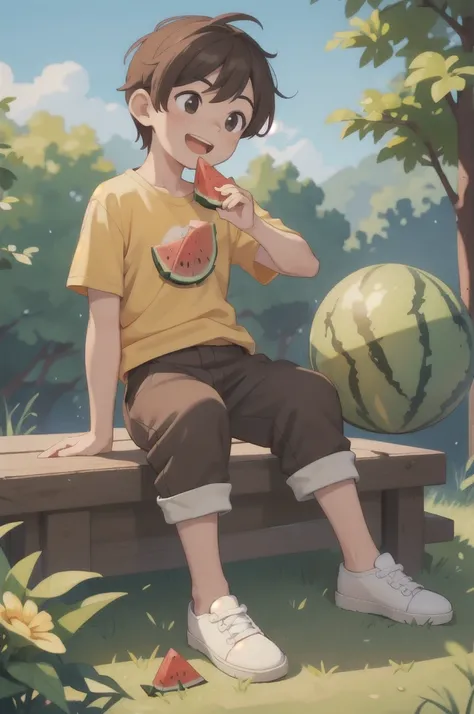 masterpiece,best quality,ruit,1boy,solo,eating,holding watermelon,male focus,brown hair,yellow shirt,pants,holding,open mouth,sitting ground,smile,short sleeves,white footwear,sky,forest,dog,(more Cut Watermelon:1.1),