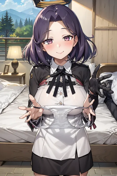 Altaz, Mechanical halo, Large Breasts, Black Dress, Neck ribbon, Long sleeve, Black Glove Break
(Browsing Caution), One Girl, Panties as a gift, White panties, Holding,Holding panties, Upper body rest
(A shy smile:1.2), (blush:1.2), Eyes half closed, Happy...