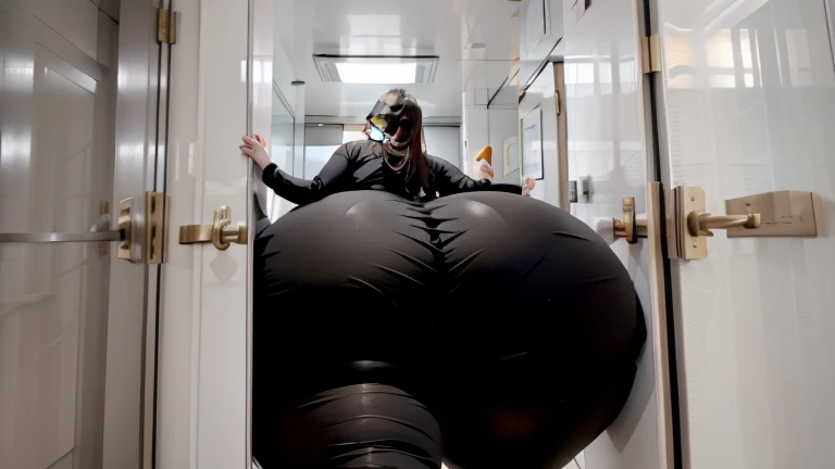 tall fat xxapple girl bumping her huge butt in a sexy chinese dress with leggings, trying to squeeze out of a tiny door in the elevator at the office, she is too round and swelled up, she is stuck tight