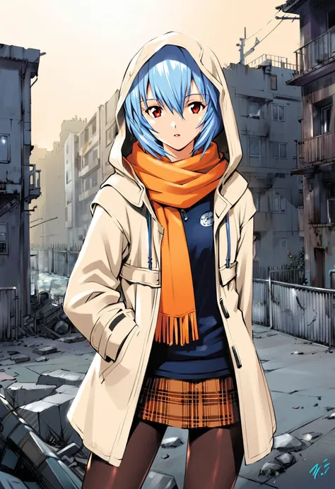 1girl, solo, ayanami rei, ruins, blue hair, coat, red eyes, skirt, plaid, hood, short hair, pantyhose, standing, plaid skirt, ho...