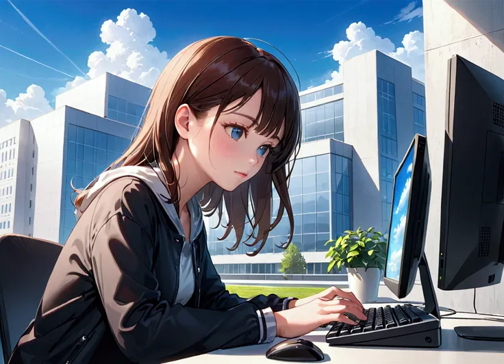 ((high quality)), One girl, front , Typing on a PC , Windows in the background , Outside, the sky is blue
