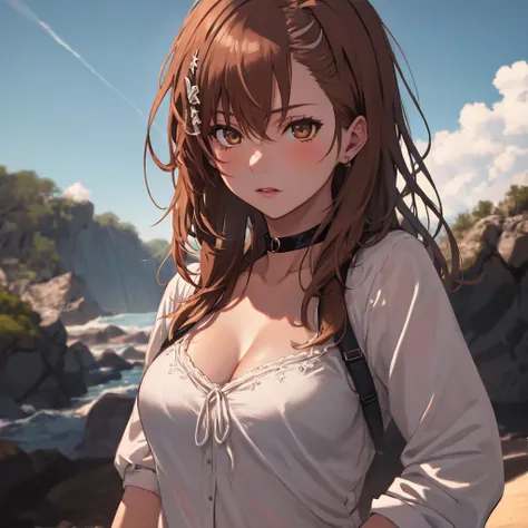 Mysterious Island, Mysterious Island, Misaka Mikoto, 1girl, black choker, uhd, retina, masterpiece, ccurate, anatomically correct, textured skin, super detail, high details, high quality, best quality, highres, 4K