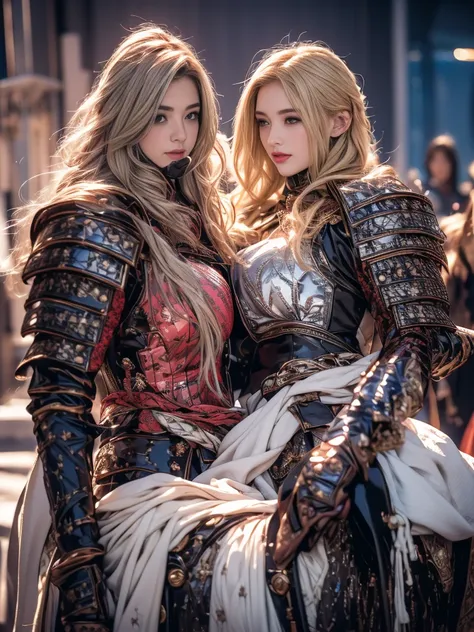 elegant armor,princess, whole body, wearing the hijab , crown luxury , blue eyes, blonde, around 19 years old, (red and silver h...