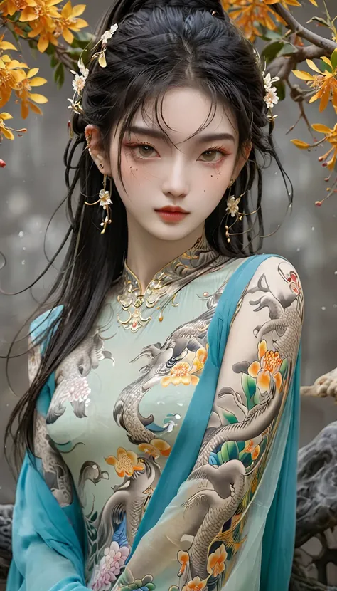 Chinese Beauty, Charming temperament, floating long dress, Clear face, beautiful eyes, Around osmanthus flowers, A masterpiece of perfect body structure proportions, Very detailed, Epic creation, Color Tattoo Art, Neo-Traditional Tattoo Art, SD tattoo desi...