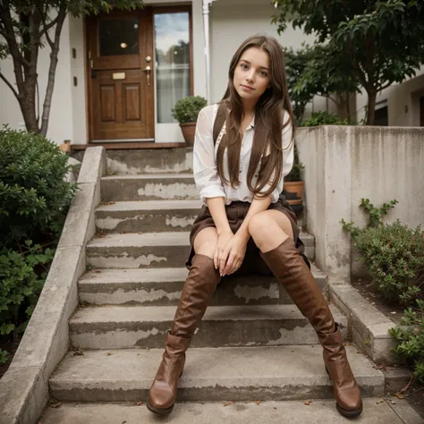 Girl with long brown hair sitting on steps looking at the camera 