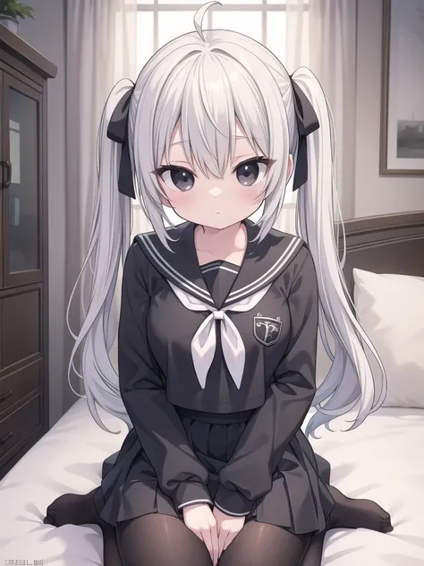 sorakasugano, sora kasugano, ahoge, (black eyes:1.5), hair between eyes, hair ribbon, long hair, twintails, black ribbon, white hair,Big tits (flat chest:1.2),
BREAK porn, lure,Show your breasts, Lace bra, loafers, long sleeves, miniskirt, pantyhose, sailo...