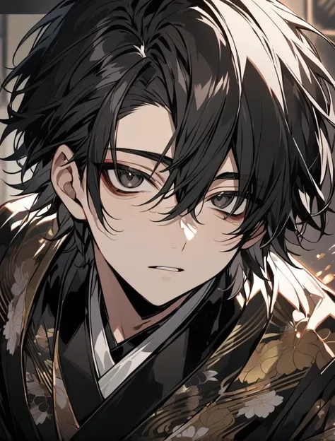 (black_hair), (short_hair), (deep_black_eyes), (Handsome), (Attractive), (male), (unique_black_kimono), (detailed_Hair), (detailed_mouth), (Teenager), (dark_under_eyes), (gem_like_eyes), (japanese)