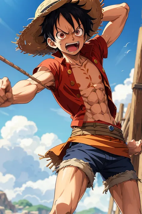 illustration of 1boy, wanostyle, monkey d luffy, angry looking, ((anime)), straw hat, ((colorful)), 8k, ((masterpiece)), HDR, highly detailed, professional 