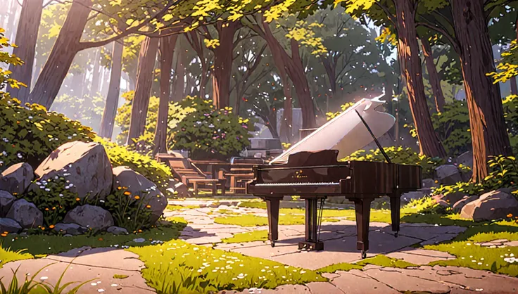 there&#39;s a piano in the middle of the forest, beautiful peaceful scene in anime, anime background art, atei gailan style, ani...