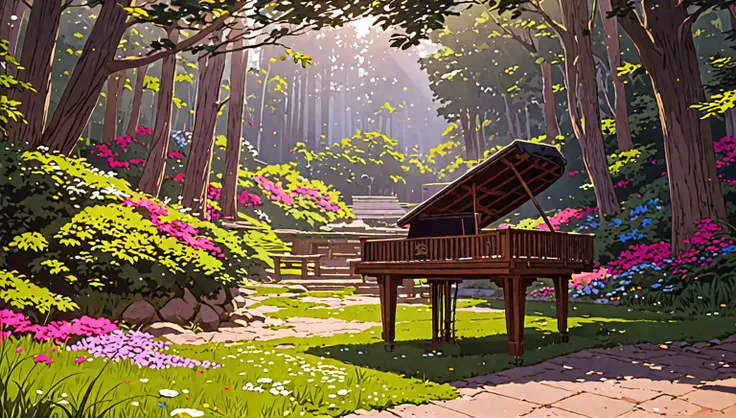 there&#39;s a piano in the middle of the forest, beautiful peaceful scene in anime, anime background art, atei gailan style, ani...