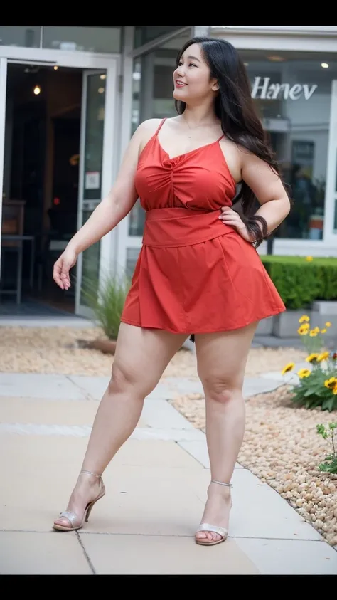 Height 1.8 meters，Smiling fat woman ，Oval face， Sit on a slate，((best quality)), ((masterpiece)), (detailed), , Wearing a beige shirt and black skirt,  Thin waist and thick hips, Hip width， Soft curves, hyperPractical full figure, Wearing a cute top, Long ...