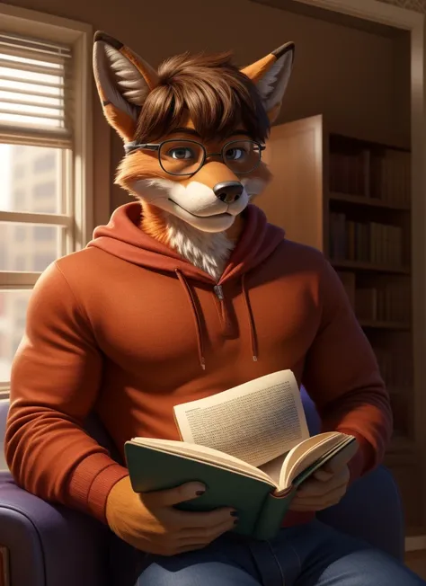 A fursuit Fox male muscular an 18 year old teenager alone in high school nerd reading a book and wearing a random outfit Velma style glasses from Scooby Doo. A little bit muscular just a little bit, shiny furr