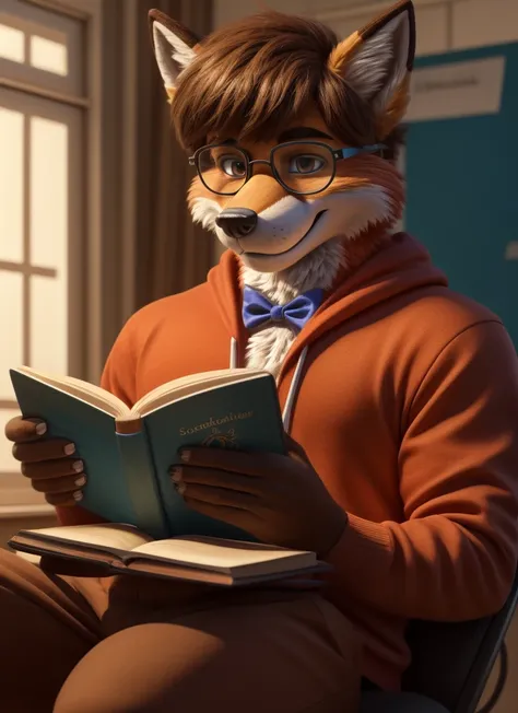 A fursuit Fox male muscular an 18 year old teenager alone in high school nerd reading a book and wearing a random outfit Velma style glasses from Scooby Doo. A little bit muscular just a little bit, shiny furr