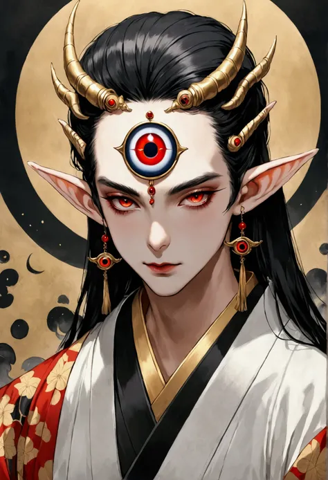 Digital board painting，Flat coating，Thick coating，Dark illustration，(((1 Prince，独奏，third eye on the forehead，Dark eyeshadow.Elf ears))),(((Japanese robe kimono：1.6))).solemn，majesty，momentum，whole body：1.6，black and gold，red