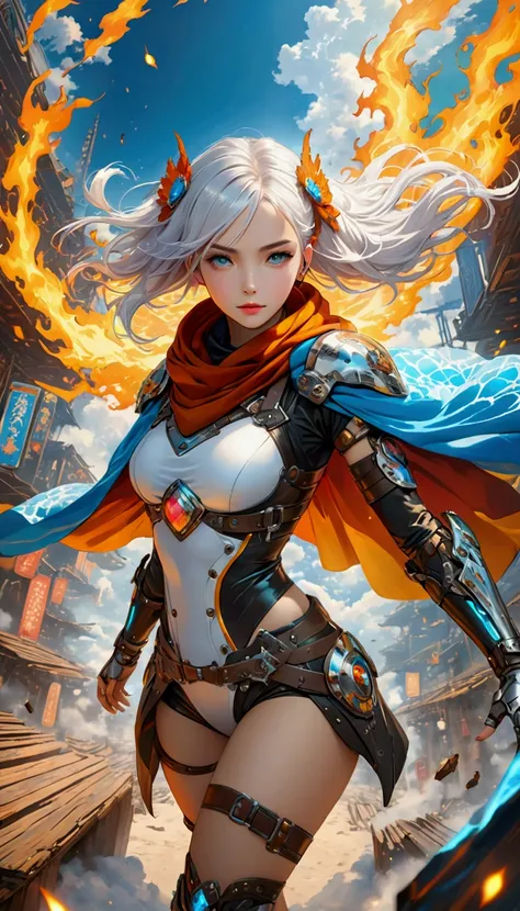 Cyberpunk style, Beautiful girl in armor, (Flying in the sky), cape, scarf, Long white hair,Hair accessories, electricity，flame，ice，gem，cloud, Metal Material，Wood texture, Depth of Field, Blurred background, A fusion of aesthetics and dynamics+  Wide-angle...