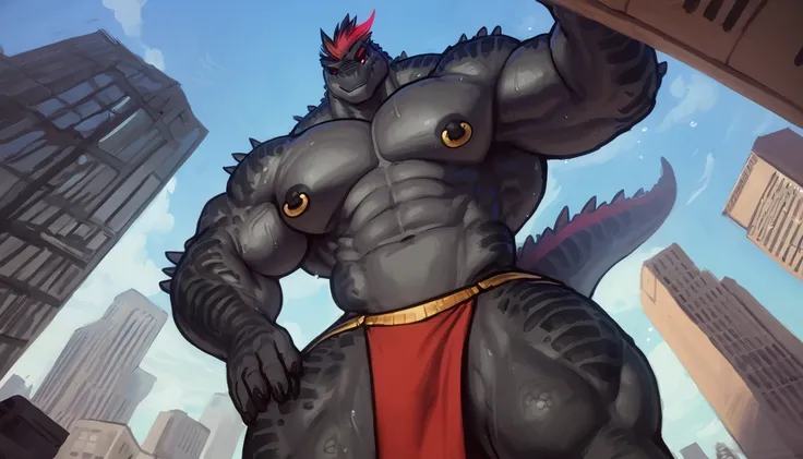 low angle view, down to top view, perspective, perfect framing, cinematic shot, cinematic framing, on horizon line, horizon visible, wide shot, macro, extremely tall, incredibly huge, insane height, in tiny city, gray countershade, black bara godzilla, dar...