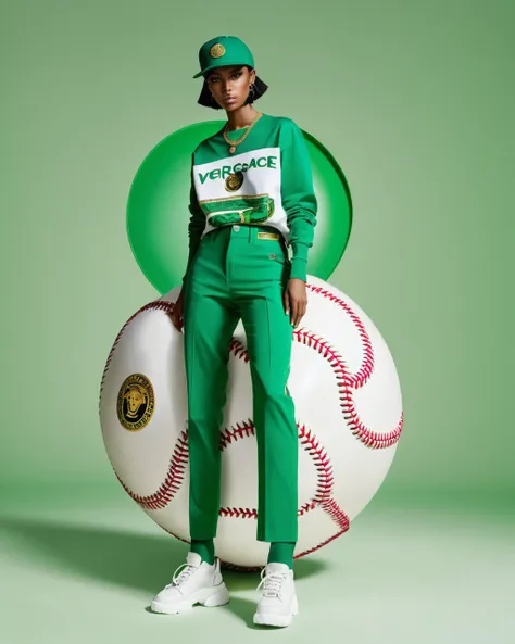 a model wear ovzrsize suit of green color,inside white t-shirt, posing for a picture, baseball hat, Edit pictures, high resolution, Edit photos, Official Versace Editor,wear ovzrsize suit,Balenciaga concept fashion photo ,