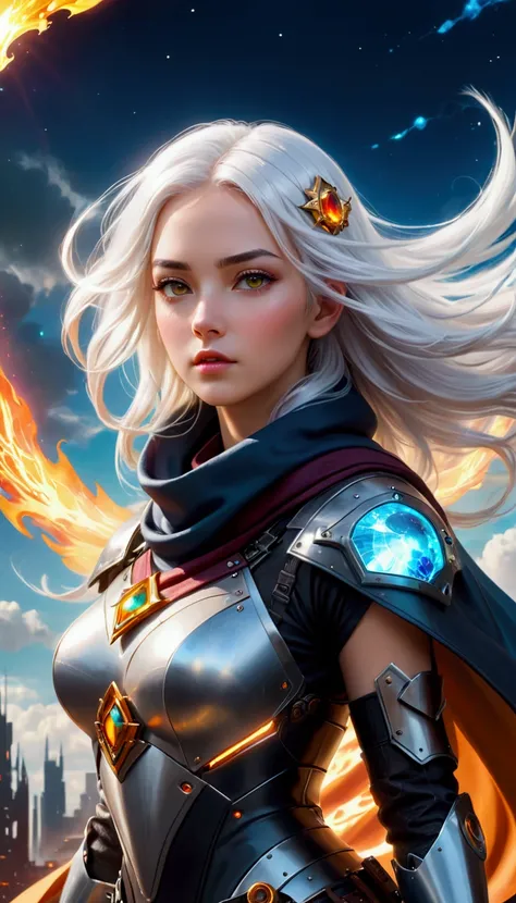 Cyberpunk style, Beautiful girl in armor, (Flying in the sky), cape, scarf, Long white hair,Hair accessories, electricity，flame，ice，gem，cloud, Metal Material，Wood texture, Depth of Field, Blurred background, A fusion of aesthetics and dynamics+ Wide-angle ...