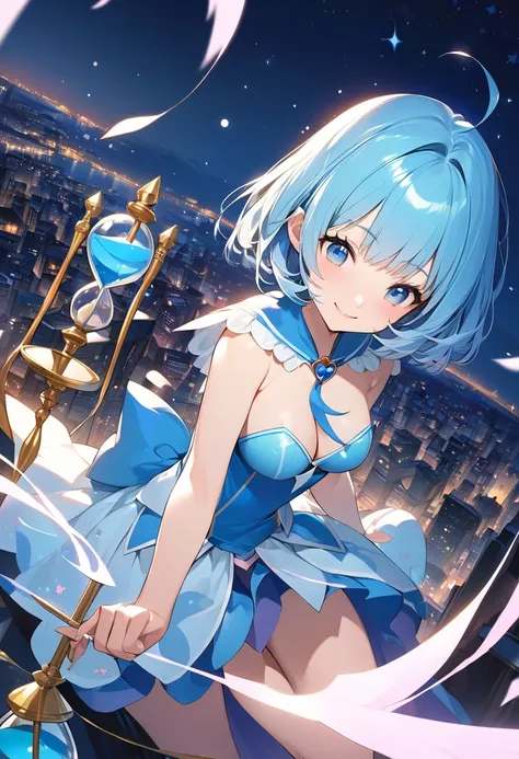 (Top quality illustrations:1.2), (pretty girl:1.1), (1 girl、17 years old), (1 girl、smile)、Bright blue hair、Short Bob Hair、Beautiful breasts、Blue-haired magical girl with a wand、((The tip of the staff is a blue hourglass.))、Flying through the night sky with...