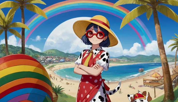 Masterpiece, top quality, , klee(Genshin Impact), 1girl,solo, yellow hat, circular transparent goggles, pointy ears, red eyes, rainbow dress, large billboard, Dalmatian, Gullivers Travels, giant, large billboard, beach, Palm trees, rides, food trucks