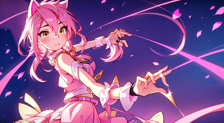 An anime girl with cat ears. Fake cat ears, and the cat ears are framed in gold on the head, long pink hair, very long hair, bright pink hair, white miniskirt with gold belt, She wears white gloves on her hands, pinker BH pinker Tanger, around the neck a g...