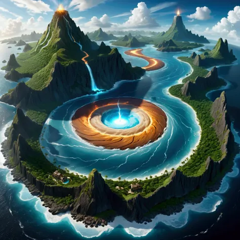 A detailed and complex topographical map of the mysterious island，Composed of different elemental materials, Wide-angle lens,（Best quality，4K，8k，high resolution，masterpiece：1.2），Ultra Detail，fantasy，Volumetric Lighting，panoramic，hurricane，闪electricity，elec...