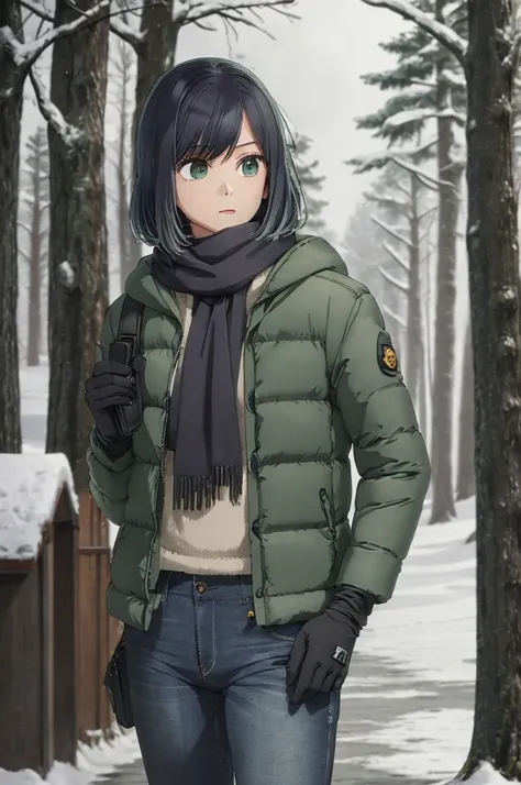 girl, jeans, dark green puffer jacket, black gloves, scarf, street, forest, snow