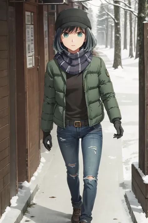 girl, jeans, dark green puffer jacket, black gloves, scarf, street, forest, snow