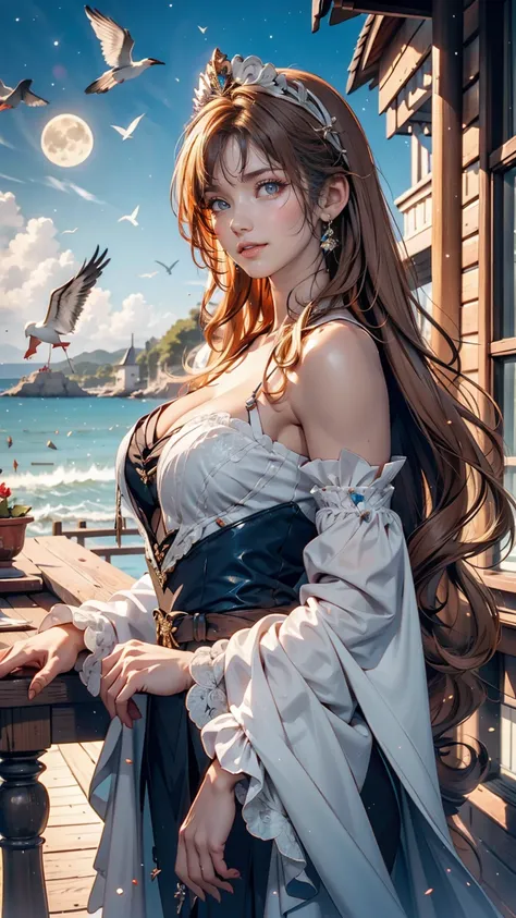 ,((Highest quality))),8k,((masterpiece)),(Very sophisticated and beautiful), A girl emerges from the sea, The Swan Princess of Russian Mythology, Beautiful calm face, blue eyes, Long blonde hair braided, Moon braid at the back of the head, With a kokoshnik...