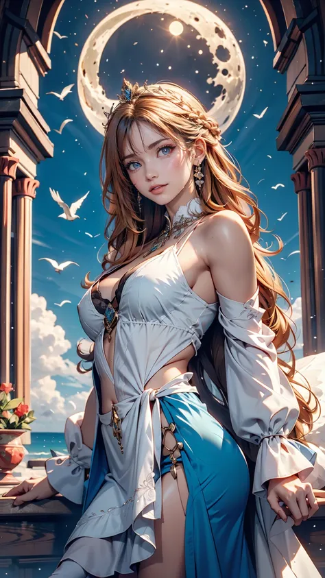 ,((Highest quality))),8k,((masterpiece)),(Very sophisticated and beautiful), A girl emerges from the sea, The Swan Princess of Russian Mythology, Beautiful calm face, blue eyes, Long blonde hair braided, Moon braid at the back of the head, With a kokoshnik...