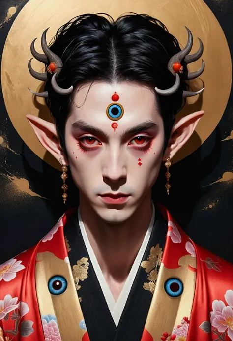 Digital board painting，Flat coating，Thick coating，Dark illustration，(((1 Prince，独奏，third eye on the forehead，Dark eyeshadow.Elf ears))),(((Japanese robe kimono：1.6))).solemn，majesty，momentum，whole body，black and gold，red