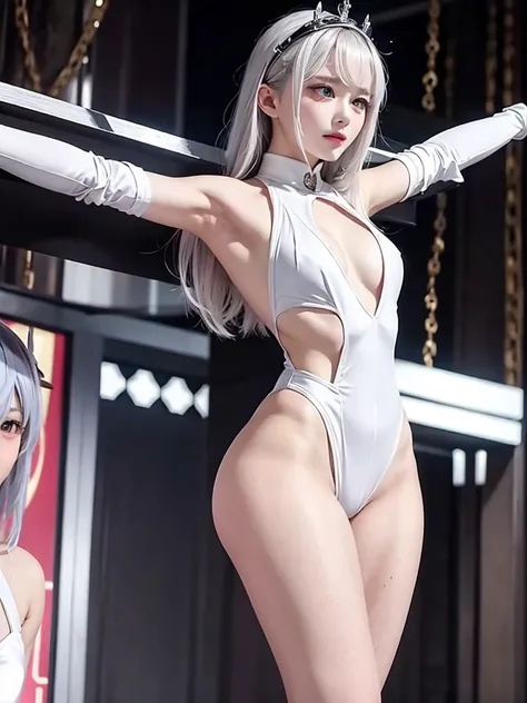 （（high quality、masterpiece、detailed、normal body、５This finger、precise、delicate））、Magical girl（（silver hair、Colored leotard armor with white as the base color、super uper high leg、transparent leotard、iron collar、torn leotard、torn leotard、Estrus、Aphrodisiac ef...