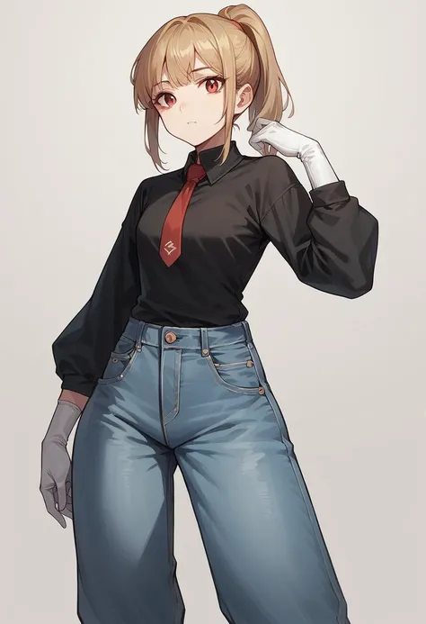 1girl, ponytail, ((white elbow gloves)), ((surgical gloves)), ((latex gloves)), (((long sleeves))), ((black oversize shirt)), ((gloves over sleeves)), ((baggy jeans)), tie, looking at viewer, standing, solo