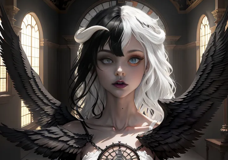 (masterpiece:1.3),(best quality:1.2),8k,absurdres,unity 8k wallpapper,(extremely detailed:1.3),highestres,
1girl, ,heterochromia, white hair, black hair, split theme, angel,devil,wings,