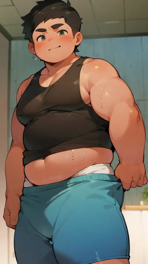 ((androgynous)), beautiful, (very short hair), (pudgy face), (thick),(ikemen), ((boyish)), (handsome), (chubby), belly, muscular, (beefy), (mischievous boy), (cool), (tank top), (tan), (sweaty), (hot summer)