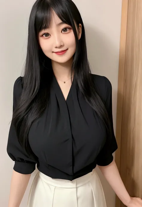 (28 years old,Beautiful Japanese,Round face、Seems kind、Iris、 ,(Black Hair),(Medium Long Hair),high quality、masterpiece:1.2,(Genuine、photo Genuine:1.4),break,Are standing,blouse,Big Breasts,whole body,be happy,smile