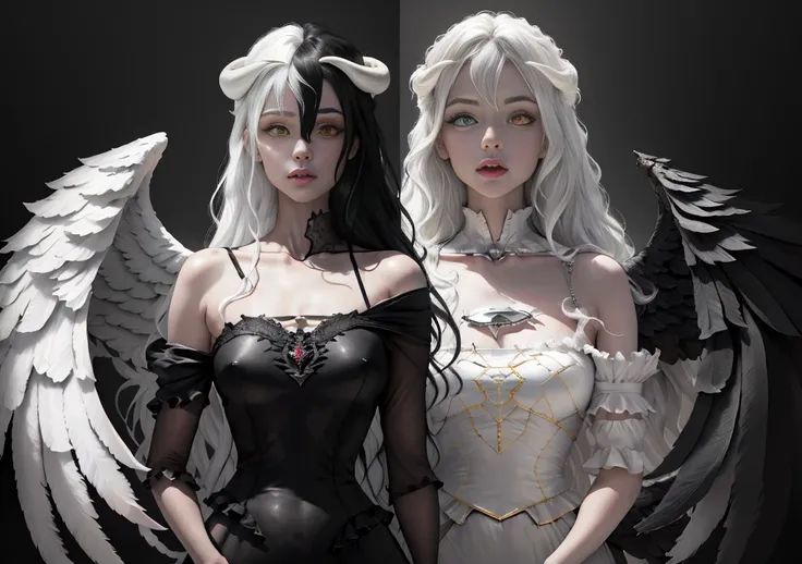 (masterpiece:1.3),(best quality:1.2),8k,absurdres,unity 8k wallpapper,(extremely detailed:1.3),highestres,
1girl, ,heterochromia, white hair, black hair, split theme, angel,devil,wings,