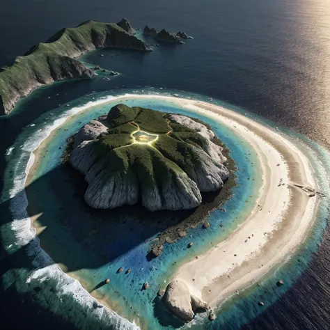 rainbowcolored multiglowing island, from above, cinematic angle, realistic, hyper-realistic, photorealistic, (best quality,4k,8k,highres,masterpiece:1.2),ultra-detailed,(realistic,photorealistic,photo-realistic:1.37),vivid colors,dramatic lighting,