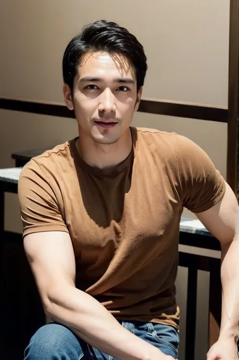 (((realistic daylight)) , Young Korean man in a simple brown t-shirt only, no pattern, and jeans., A handsome, muscular young Asian man looks at the camera.  , in the restaurant ,turn sideways