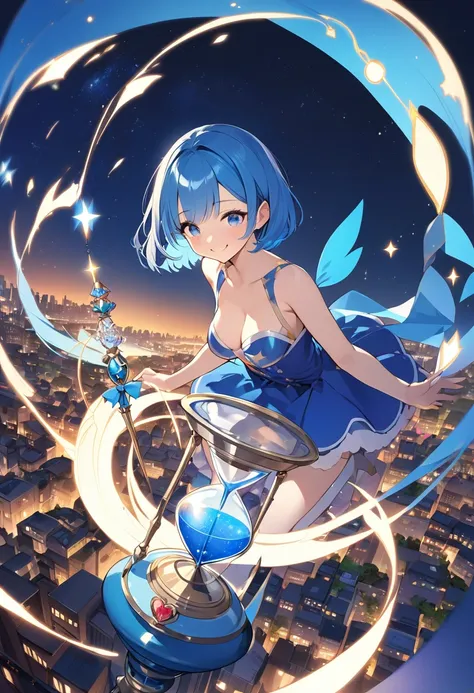 (Top quality illustrations:1.2), (pretty girl:1.1), (1 girl、17 years old), (1 girl、smile)、Bright blue hair、Short Bob Hair、Beautiful breasts、A blue-haired magical girl with a wand that ends in a blue hourglass、Flying through the night sky with magic, Lookin...