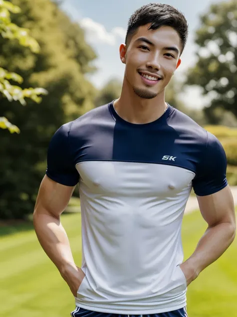 Tony Labrusca, (As a matter of fact, Masterpiece, 8k HD, good light quality, sportswear, fit the face, complicated details), A handsome, muscular young Korean man. , 20 years old, be happy, smile brightly, detailed face, delicate eyes, มองดูsky, Wear a nav...