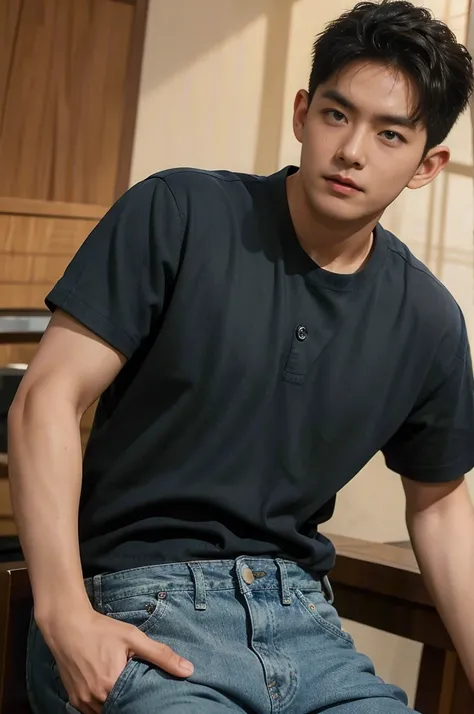 ((realistic daylight)) , Young Korean man in black sports shirt only, no pattern, denim shirt, jeans., A handsome, muscular young Asian man looks at the camera.  , in the restaurant ,turn sideways((realistic daylight)) , Young Korean man in black sports sh...