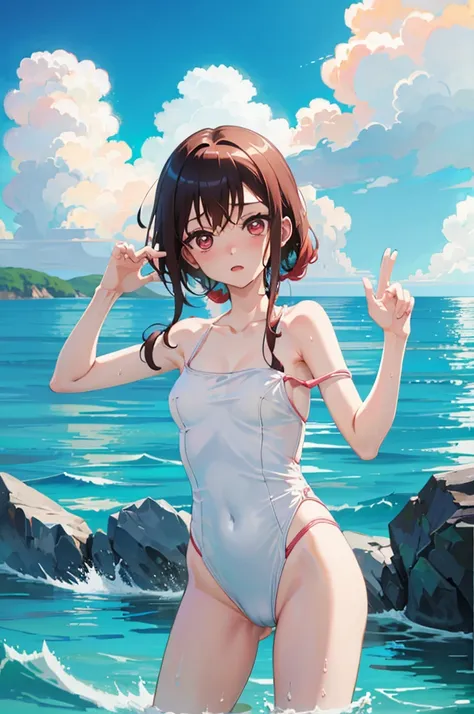 Random patterned swimsuit、Random Swimsuit、Swimsuits in random colors、Random pose、、Acme Face、Random pose、, Pale red eyes、Semi-long hair、Chestnut Hair、Sandy Beach、、、nsfw、Highest quality、1 girl、solo、Ocean、Sexy pose、Random pose、Blushing、Wet、Embarrassed、I can s...