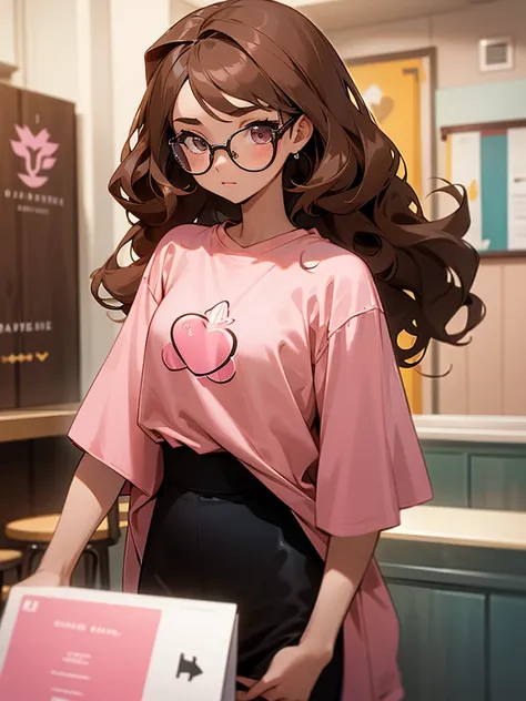 create a screenshot of a girl. YOUNG. Skin color. brunette. Hair, short. wavy. live coffee. colored lock. salmon pink. eyelashes. long. Eyes. Cafés. accessories. glasses. a long t-shirt. Design. volley ball. bottom. room.