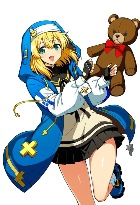 a cartoon woman is holding a teddy bear and is about to drop it and it is falling, bridget (guilty gear), 1boy, male focus, otoko no ko, stuffed toy, stuffed animal, blonde hair, teddy bear, gloves, fingerless gloves, hood, jacket, green eyes, skirt, solo,...