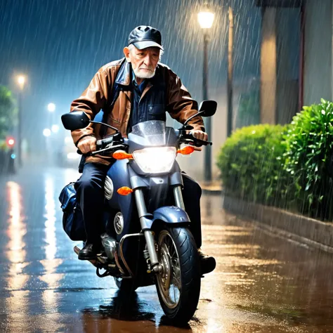 motorcycle courier, delivery, rain, sad, night, bag, inss, retirement, elderly man on the motorcycle, work