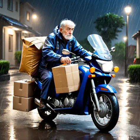 motorcycle courier, delivery, rain, sad, night, bag, inss, retirement, elderly man on the motorcycle, work